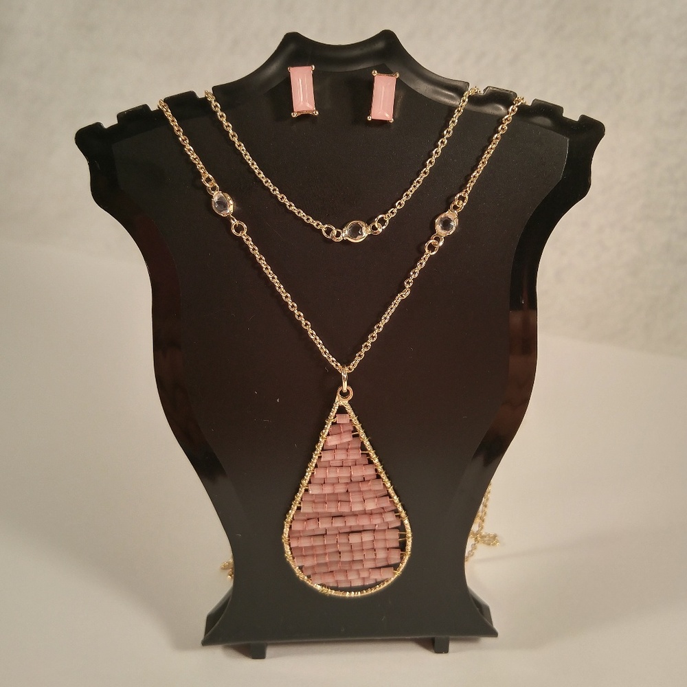 Necklace earring set 2-layer pink bead rhinestone